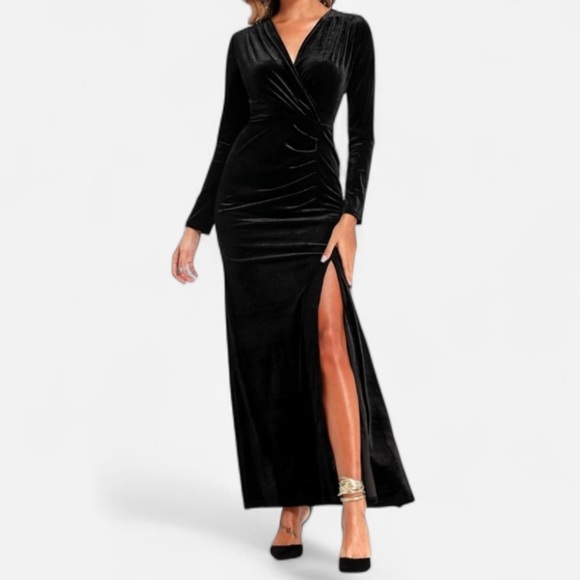 Ababalaya Dresses & Skirts - Women’s Long Sleeve Velvet Maxi Dress Black Size Medium Formal Wedding Guest